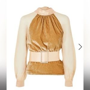 HARMUR 
Open-back belted silk-blend velvet and tulle blouse in Caramel